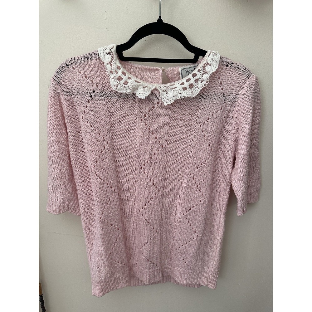 Vintage Coquette Fairy Cottage Granny Ballet Pink Lace Collar Sweater Blouse